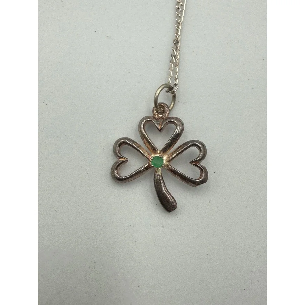 925 Sterling‎ Silver Shamrock Pendant Necklace Green Stone Heart Clover 22 Inch